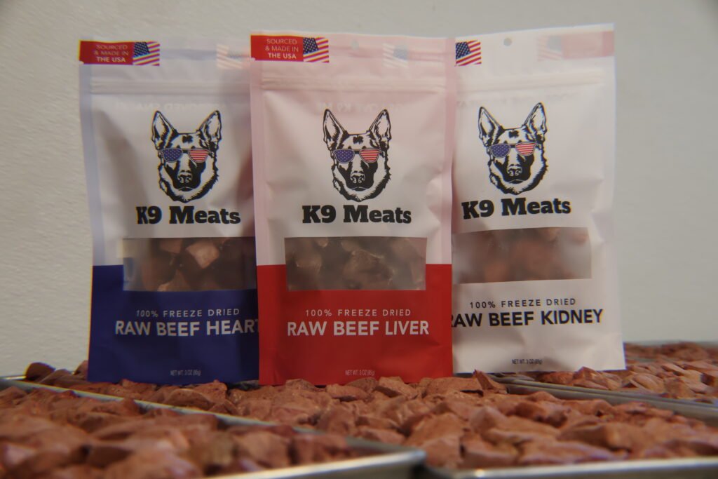 product. freeze dry K9 meats all three meats, with tray in foreground.