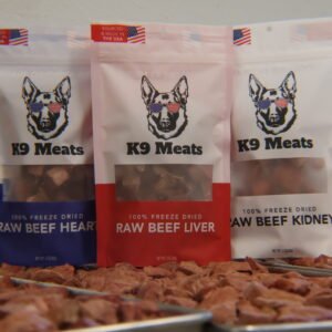 product. freeze dry K9 meats all three meats, with tray in foreground.